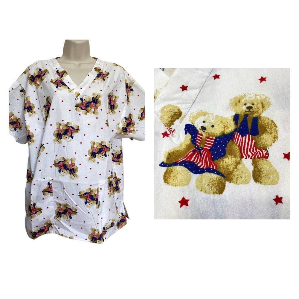 Vintage Chandio Teddy Bear 4th of July Memorial Day Stars Stripes Scrub Top Sz L